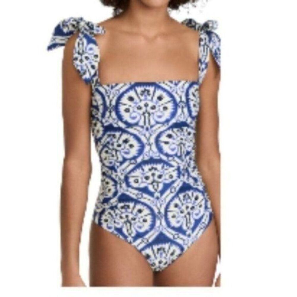 Johanna Ortiz The Alcazar One-Piece Swimsuit Blue/Ecru Small NWT